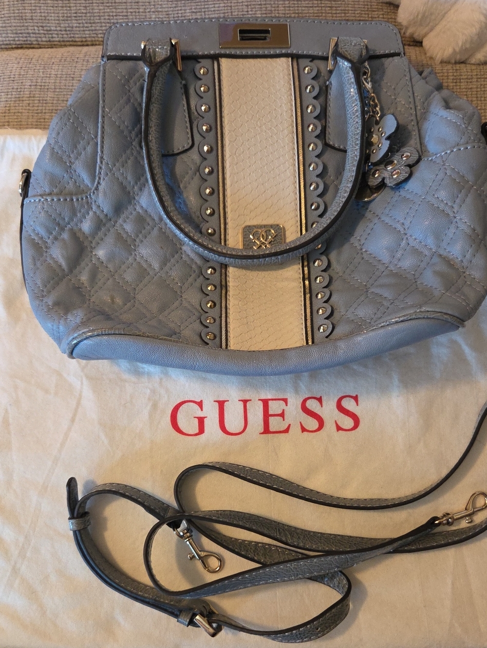 GUESS Quilted Light Blue & Cream Satchel with Floral Charm